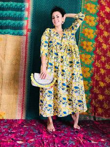 Maxi vestido de algodón puro con estampado Floral de estilo bohemio y cuello en V para mujer largo elegante fiesta Ropa Étnica talla XL ODM de talla grande - Product Image 4