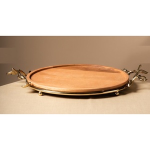 ถาดเสิร์ฟอาหารขนาดใหญ่ทำจากไม้ขนมชามก๋วยเตี๋ยวถาดเสิร์ฟพร้อมที่จับโลหะดีไซน์รูปใบไม้ - Product Image 2