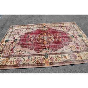 Grand tapis turc 5,9x8,8 pieds, tapis en laine rouge à pois vintage - Product Image 4