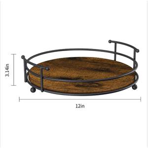 Plateau de service rond en bois avec poignées en métal Plateau d'affichage polyvalent-Centres de table pour cuisine salle de bain organisateur et table à manger - Product Image 2