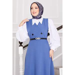 Hijab ceinturé à boutons indigo longue longueur - Product Image 3