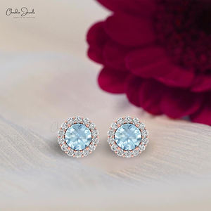 Calidad superior compartir puntas corte redondo 1mm pendientes de diamantes naturales 14K oro aguamarina piedra natal Stud joyería a granel al por mayor - Product Image 1