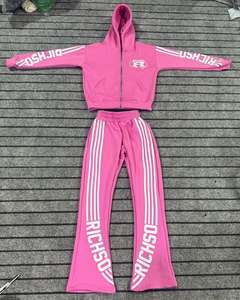 Chándal de gran tamaño con bordado personalizado, ropa de calle, sudadera con capucha y pantalones de chándal con cremallera a rayas desteñidas por el sol, conjunto de chándal de gran tamaño para hombre - Product Image 6