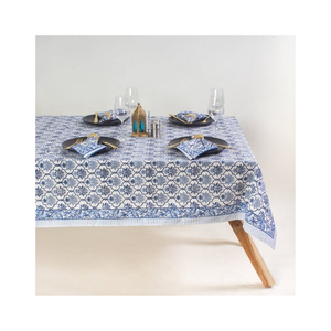 Mantel de mesa con estampado Floral de algodón teñido ecológico con borde azul 260 GSM, textura lavable suave, cubierta de mesa de comedor diaria certificada OEKO TEX - Product Image 3