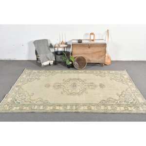 Vintage Beige <b>Turkish</b> <b>Rug</b> 6x9ft Boho Style Handmade Wool Patchwork Rectangle <b>Rugs</b> for Bedside with Latex Backing - Product Image 1