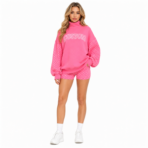 Sweat-shirt oversize pour femme à col montant, épaules tombantes, en molleton imprimé à pois, avec patch personnalisé, conception ODM sur le devant - Product Image 5