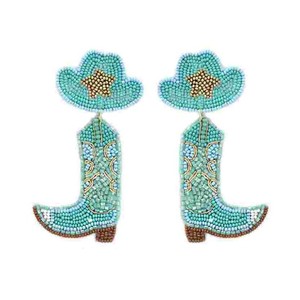 Sombrero de vaquero Bota Semilla Bordado con cuentas Azul Western Huggie Pendientes India Hecho a mano Unisex - Product Image 1