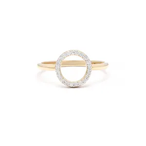 Anillo de diamante circular abierto para mujer, oro amarillo sólido de 14K, anillo minimalista, joyería hecha a mano con estilo