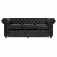 Sofá Chesterfield de Cuero Genuino Negro |   Sofá de Tres Plazas Estilo Europeo Moderno de Mediados de Siglo para Salón, Hotel o Apartamento, Mango