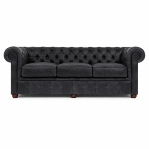 Black Genuine Leather Chesterfield Sofa | Three Seat Midcentury Modern Antique European Gentleman Style Living Hotel Apartment - Product Image 1