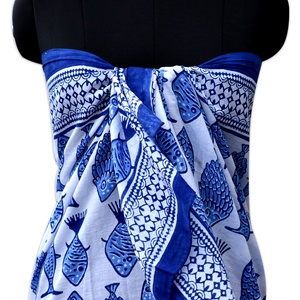 Pareo de Playa de Algodón Voile Indio Hecho a Mano de Lujo al por Mayor, Traje de Baño Blanco de Alta Calidad, Estampado de Bloques de Peces, Chal Tradicional - Product Image 5