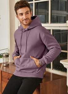 Sweat-shirts à capuche décontractés pour hommes en molleton de coton uni à manches longues avec cordon de serrage au col pour l'automne avec service OEM - Product Image 2