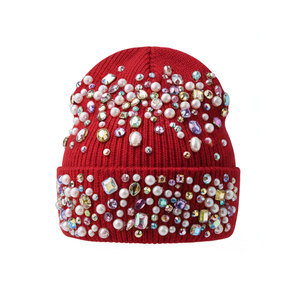 Red Beanie Hat with Rhinestone and Pearl Embellishments Hand Knitted Unisex <b>Winter</b> <b>Cap</b> Elegant Style for Adults - Product Image 1
