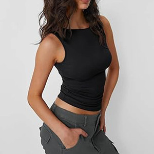 Top court sans manches coupe ajustée pour femme | Débardeur élégant à col bateau et extensible Débardeurs à la mode au meilleur prix - Product Image 3
