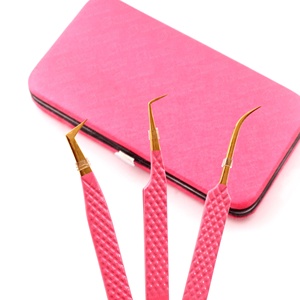 Diamond Textured Grip Japanese Stainless Steel Anti Static Isolation Eyelash Extension Tweezers Pointed Tip Pink Color Tweezers - Product Image 3
