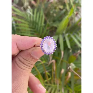 <b>925</b> <b>Silver</b> Vintage <b>Ring</b> <b>with</b> Rose Quartz & Amethyst Rhodium & Gold Plated Bezel Setting Men's Jewelry Gift - Product Image 3