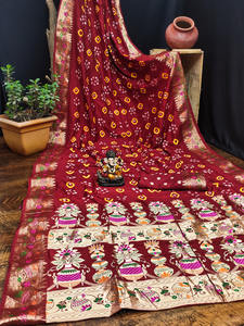 Welltex Bandhej Silk Saree Kalash-マルーンモデル豊富なPallu Matkaボーダーザリ織り女性用オリジナルインドパキスタンデザイン - Product Image 6