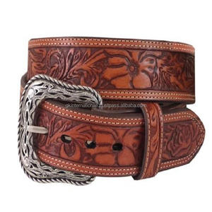Stylish Floral Tooled Pattern Embossed <b>Men's</b> Western <b>Leather</b> Tooling <b>Belt</b> With Designer Antique Silver Brass Pin Buckle - Product Image 6