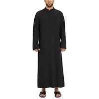Thobe Pria Hitam Katun Lengan Panjang Kerah Tegak Panjang hingga Lutut Pakaian Sholat Sederhana Gaya Timur Tengah Regular Fit