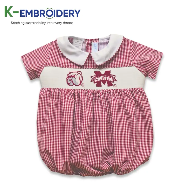 K-Stickerei Schöne rot karierte Großhandel Overalls Anzüge Bodys, Smocked Kinder kleidung, Kinder kleidung SBS114