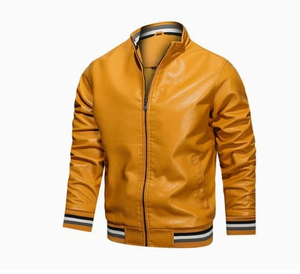 Men's Yellow PU Bomber <b>Jacket</b> Casual Zipper Closure Stand Collar Regular Fit Autumn Wear - Product Image 1