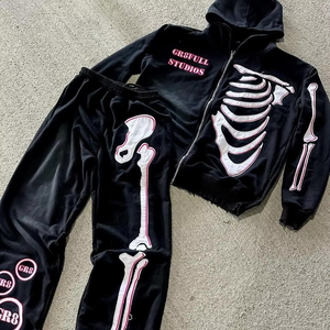 Chándales de algodón de rizo francés de peso pesado para hombre, ropa de calle de otoño con cremallera con parche desgastado bordado, diseño del fabricante - Product Image 5