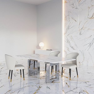 Mesa de Comedor Moderna de 180 cm con Base de Acero Inoxidable y Tapa de Mármol Blanca y Plateada, Estable para 6 Personas - Product Image 4