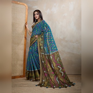 Sari indien prêt-à-porter pour femmes, bleu sarcelle olive, en tissu chanderi, best-seller, pour les fêtes, avec pièce de blouse non cousue - Product Image 3