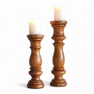 Portavelas de Madera de Mango Natural con Base Cilíndrica Alta y Parte Superior Esculpida para Decoración Rústica Moderna - Product Image 3