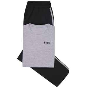 Conjunto de pijama de camiseta lisa gris Conjunto de salón de punto de algodón 100% Ropa de dormir de media manga suave y transpirable con camiseta y pantalones de cuello redondo - Product Image 1