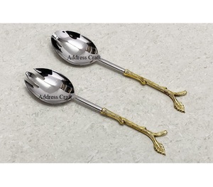 Ensemble de serveurs à salade en acier inoxydable avec poignée en laiton Design unique de feuille de branche Outils de cuisine Mains à salade pour la maison Hôtel Vaisselle Décor - Product Image 6