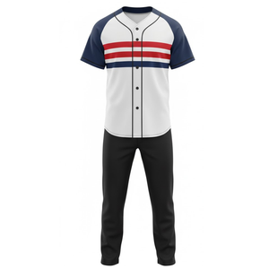 Uniforme de baseball professionnel à manches raglan, maillot blanc avec bandes rouges/bleu marine sur la poitrine et pantalon de performance noir - Product Image 2
