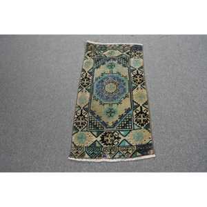 Alfombra Turca, Alfombra Vintage de 1.5x3 pies, Alfombra de Lana con Diseño Floral Azul - Product Image 1