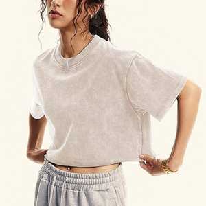 Camiseta de punto de gran tamaño vintage con efecto de piedra lavada con ácido, estilo de ombligo, textura desgastada, logotipo de moda callejera - Product Image 1