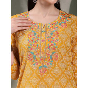 Kurta Recta para Mujer con Estampado Floral y Bordado, Cuello Asimétrico con Muescas, Algodón Puro Transpirable, Ajuste Holgado, Talla XL - Product Image 6