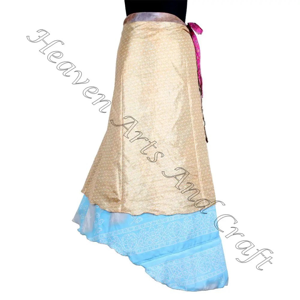 Magic Wrap rok/gaun wanita memakai Vintage sutra Sari panjang bungkus sekitar rok 2 lapisan reversibel saree bohemian magic Boho