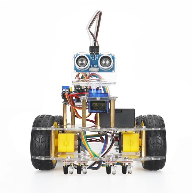 Double-Layer Chassis Robot Car Kit with Ultrasonic Obstacle Avoidance Line Tracker Development Board for Kids ArduIDE
