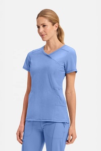 Ensemble de blouse et pantalon médical en jean bleu pour femme, col en V, tricoté, avec cordon de serrage à la taille, pour usage hospitalier - Product Image 2