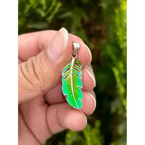 925 <b>Silver</b> Leaf Enamel Pendant Bezel Setting Rhodium Plated Religious Shield Pattern Rose Gold Inlay Platinum Charm Numbered - Product Image 1