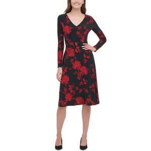 Abito svasato nero con stampa floreale da donna Tommy Hilfiger, taglia unica, elegante e casual, per il tempo libero, lavabile, naturale - Product Image 1
