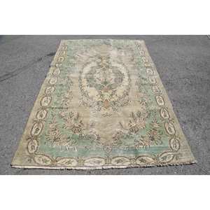 Alfombra turca vintage de 5,7x9 pies, clásico, verde, Beige, diseño de retazos, lana, área grande, rectángulo, pasillo, felpa de látex para clásico - Product Image 1