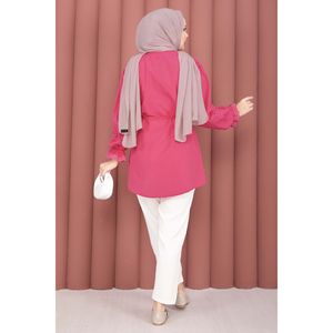 Camisa Elegante con Cordones Color Fucsia, Logotipo Bordado Floral, Cuello con Volantes, Talla XL, Tela de Popelina, Chifón y Tejido de Punto, Camisa Holgada Larga o Corta para Mujer - Product Image 5
