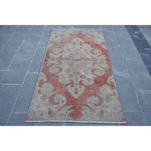 Alfombra de lana Vintage, color rojo y beige, 3,5x6,2 pies, Kilim turco, área grande, patrón abstracto, pasillo, rectángulo, respaldo de látex, 10mm para habitaciones - Product Image 1