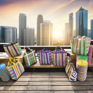 Bolsas de playa recicladas de nailon tradicionales indias hechas a mano con diseño de rayas tejidas, bolsa con cremallera, fabricante y exportador único - Product Image 3