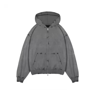 Premium Quality Sun Faded Zipper Acid Wash Ripped Distress <b>Jacket</b> <b>Rhinestone</b>/Reflective Hoodies Manufacturer Men's Zip up Hoodie - Product Image 2