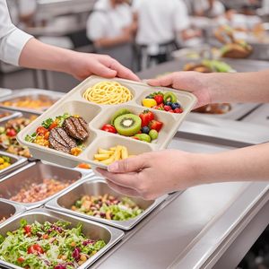 Assiettes jetables compostables en bagasse à 5 compartiments, biodégradables, en canne à sucre, écologiques, imperméables, robustes, pour l'école - Product Image 1