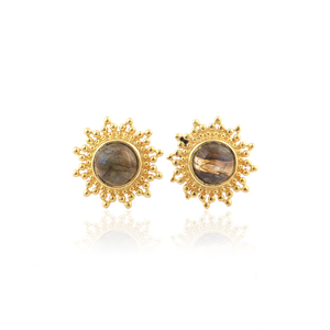 Boucles d'oreilles en labradorite de feu bleu naturel plaqué or Boucles d'oreilles rondes élégantes en perles pour femmes - Product Image 2