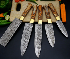 Handmade Damascus Steel 5-Piece Kitchen Set Carbon Steel Pure Leather Sheath Includes Chef Cleaver Bread Fruit <b>Sharpening</b> Tool - Product Image 1