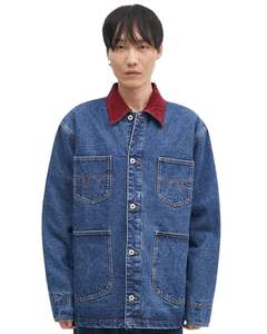 Veste en jean bleu pour homme avec col en velours côtelé rouge, boutons sur le devant, lavage vintage, décontractée, surdimensionnée, streetwear, vêtement d'extérieur en bleu foncé - Product Image 1