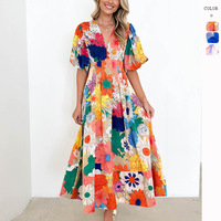 Robe Maxi d'été pour femmes nouveauté imprimé fleuri manches bouffantes robe Maxi trapèze robe élégante vêtements pour dames en gros